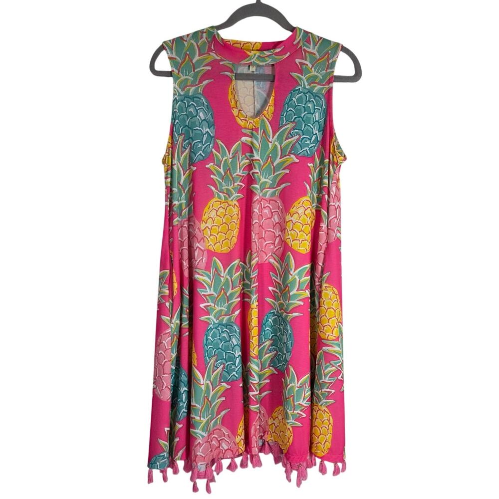 Simply Southern Pink Pineapple Swing Dress Womens Medium Tassel Hem Mock Neck